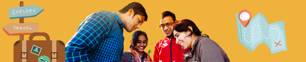 A diverse group of happy friends excitedly planning their international holiday, discovering what kind of a travel friend everyone is before booking flights.