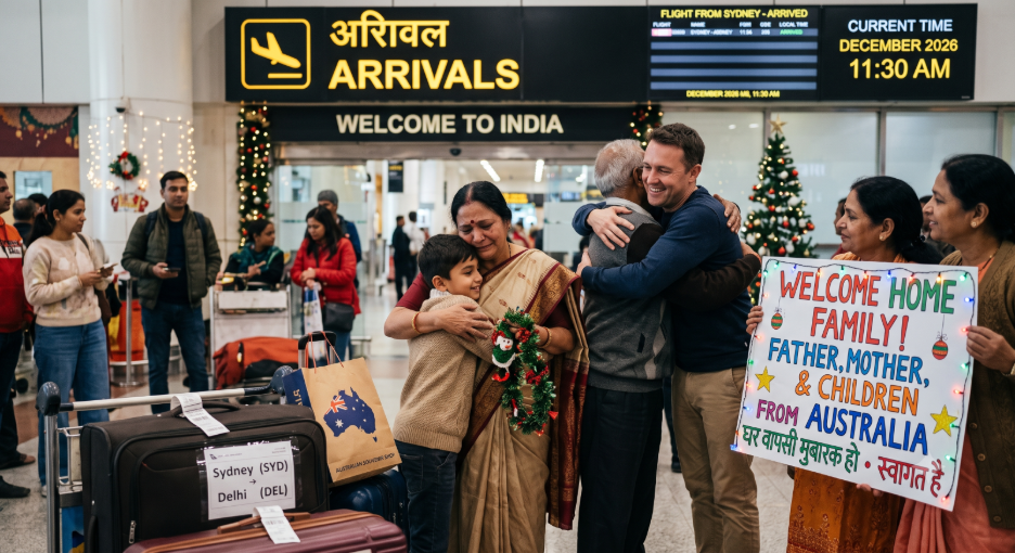 A heartwarming Indian family reunion at the airport during the holiday season, welcoming loved ones arriving on December flights to India from Australia.