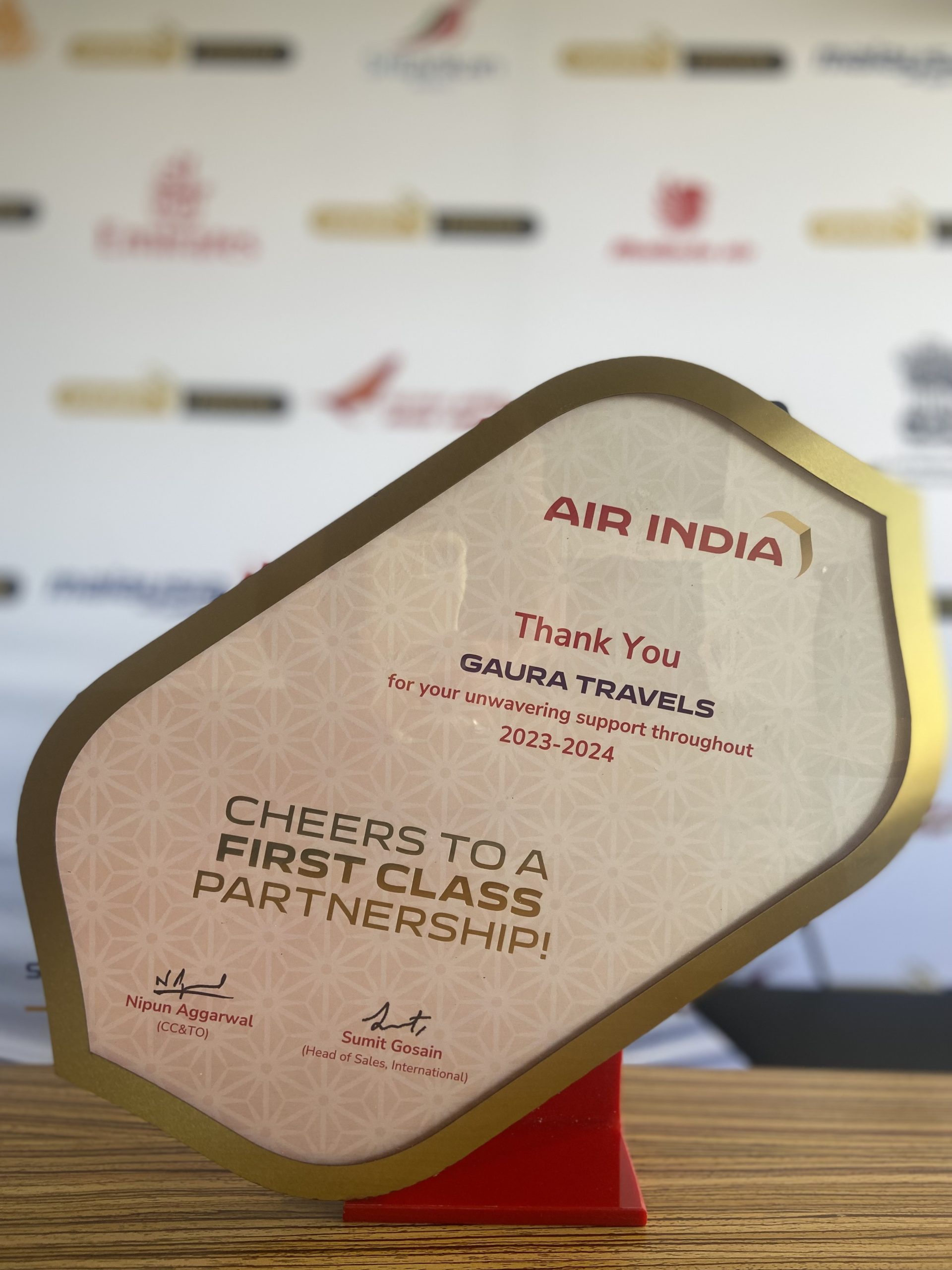 Gaura Travel's First Class Partnership plaque from Air India