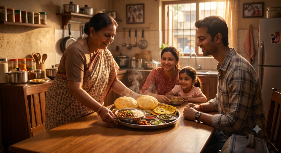A heartwarming North Indian mother lovingly serving her diaspora son a steaming thali of authentic home cooked Indian meals on a cozy Sunday morning, featuring Chole Bhature, Rajma Chawal, and Sarson Ka Saag, illustrating the emotional connection and unmatched taste of a family reunion.