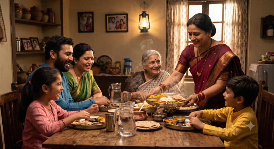 A warm, candid image of a three-generation Indian family gathered around a wooden dining table in a cozy home. A smiling mother serves a steaming thali of traditional home cooked indian meals to her family, reflecting an emotional reunion and deep connection through food.