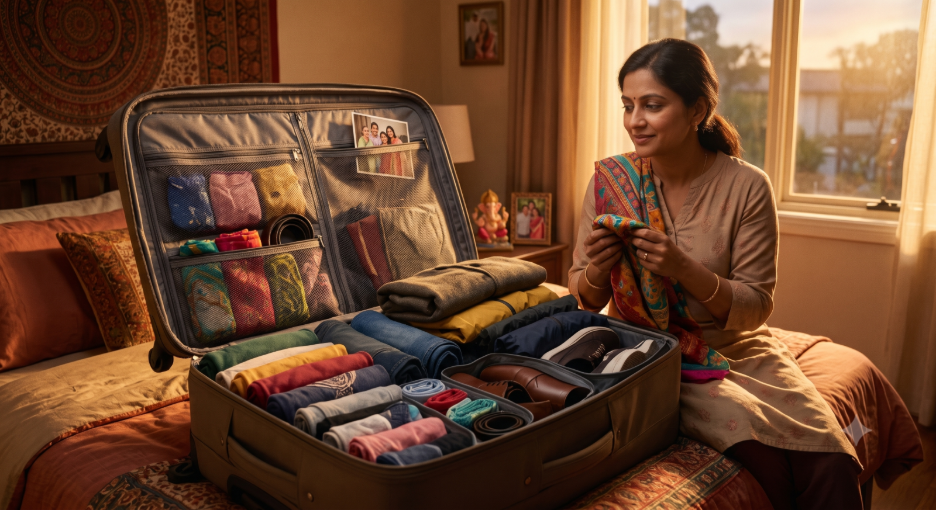 A heartwarming, cinematic view of a large open suitcase meticulously packed with neatly folded shirts, jeans, coats, and shoes, sitting next to a framed family photo. An Indian traveler gently places a colorful traditional garment inside, perfectly organizing the luggage to comply with baggage rules for India flights ahead of an emotional family reunion.Â