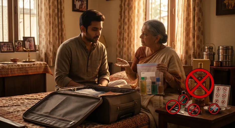 A heartwarming, cinematic photo of an Indian mother gently explaining baggage rules for India flights to her pensive son, holding a clear bag of liquids (LAGs) and pointing to separate checked luggage items like sharp tools and alcohol in their cozy home.Â