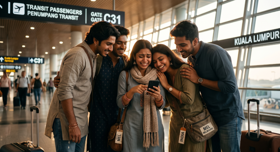Emotional young Indian adults huddle and connect in the Kuala Lumpur International Airport transit area, a vital junction for diaspora travelers navigating transit rules in Singapore and Kuala Lumpur before family reunions in India.