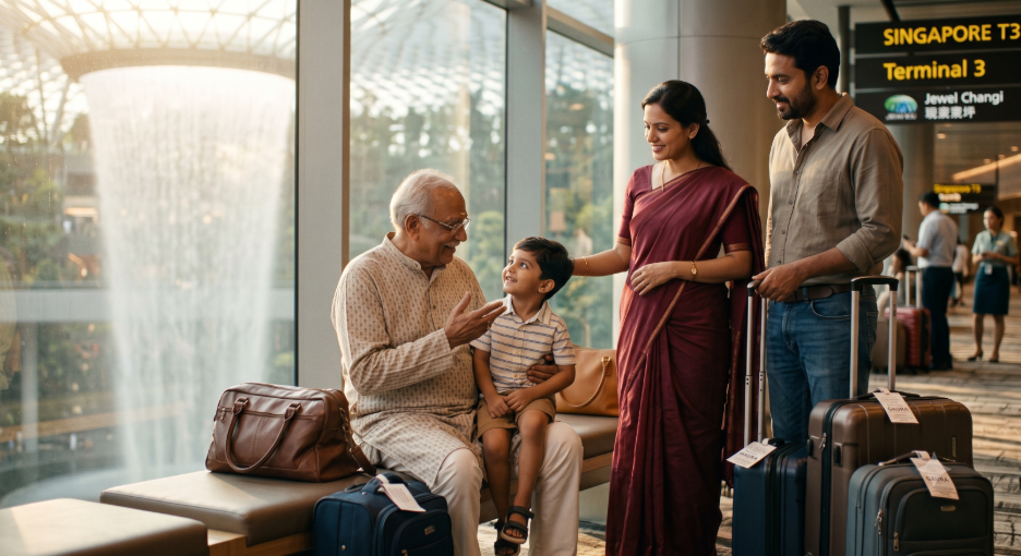 A heartwarming, cinematic photograph of a multi-generation Indian family from Australia resting and sharing a loving, nostalgic moment together at Singapore Changi Airport (SIN) during transit, covered under the 'transit rules in Singapore and Kuala Lumpur' blog article. An elderly grandfather is telling a story to his grandson, with the family waiting patiently before their flight back to India, surrounded by their travel bags. Soft golden light illuminates the scene, and subtle airport signs are visible in the background.