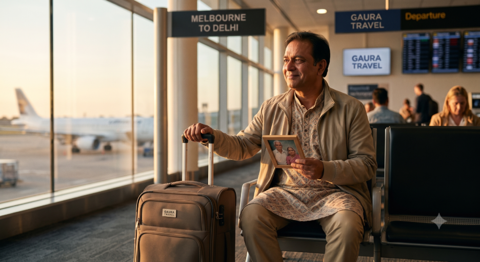 A heartwarming, cinematic 35mm photograph of an Indian traveler at the airport looking nostalgically while holding his perfectly sized 7kg carry-on suitcase, illustrating the importance of following baggage rules for India flights to ensure a smooth and emotional family reunion.