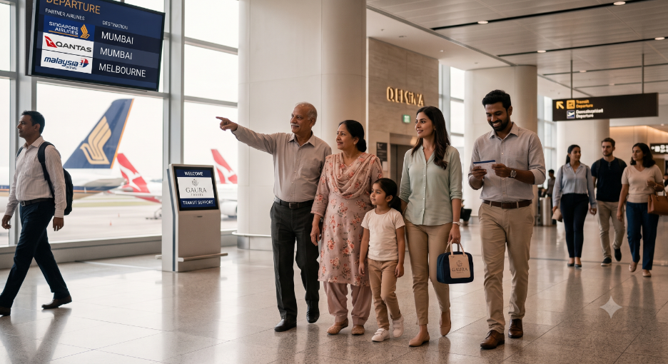 A happy multigenerational Indian family walking together and stretching their legs in a modern airport terminal during a transit layover - long haul travel tips.