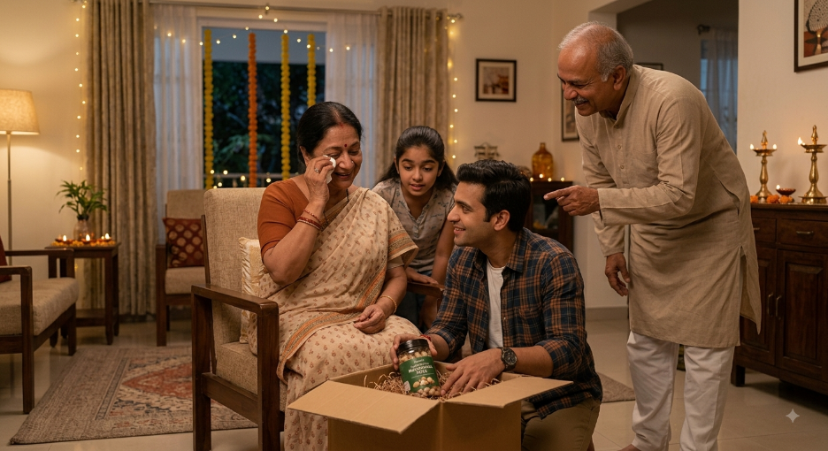 Alt text: A heartwarming scene of an Indian family opening a box of gifts from Australia, with a grandmother looking emotional as she receives Australian Macadamia Nuts - first time NRI traveler