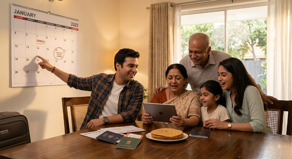 A heartwarming scene of an Indian family in Melbourne happily planning their trip to India, with a father pointing to a circled date on a wall calendar and a grandmother holding a tablet with a booking confirmation - best time to book Australia to India flights