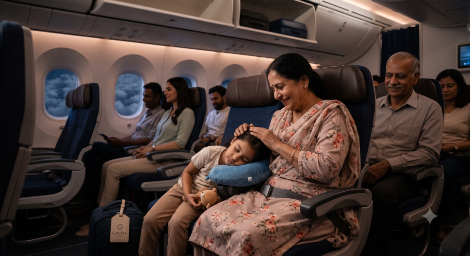 A heartwarming moment of an Indian family enjoying a comfortable flight, with a grandmother smiling as her granddaughter sleeps peacefully on a travel pillow - long haul travel tips