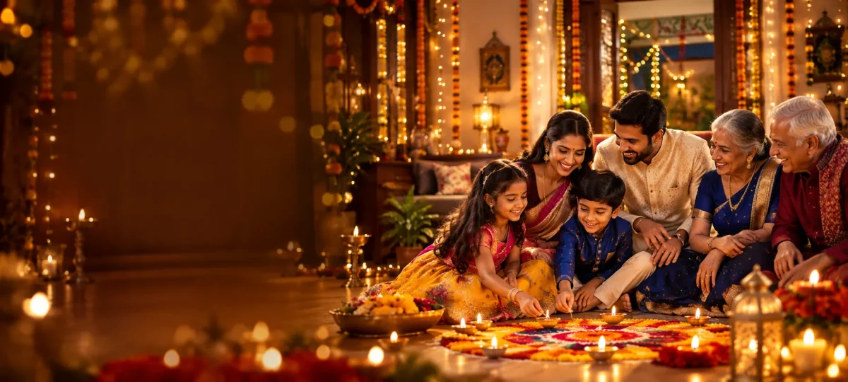 An Indian family celebrating Diwali together by candlelight