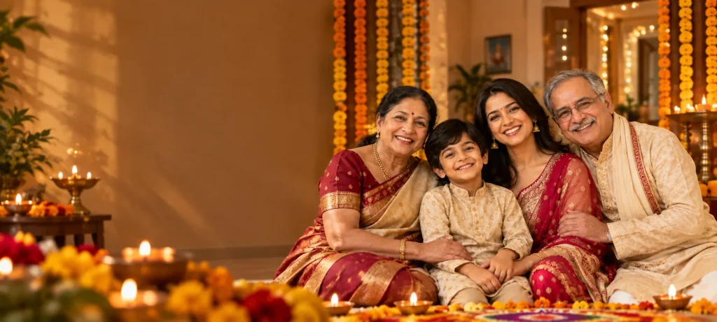 A warm Indian family celebrating Diwali together at home