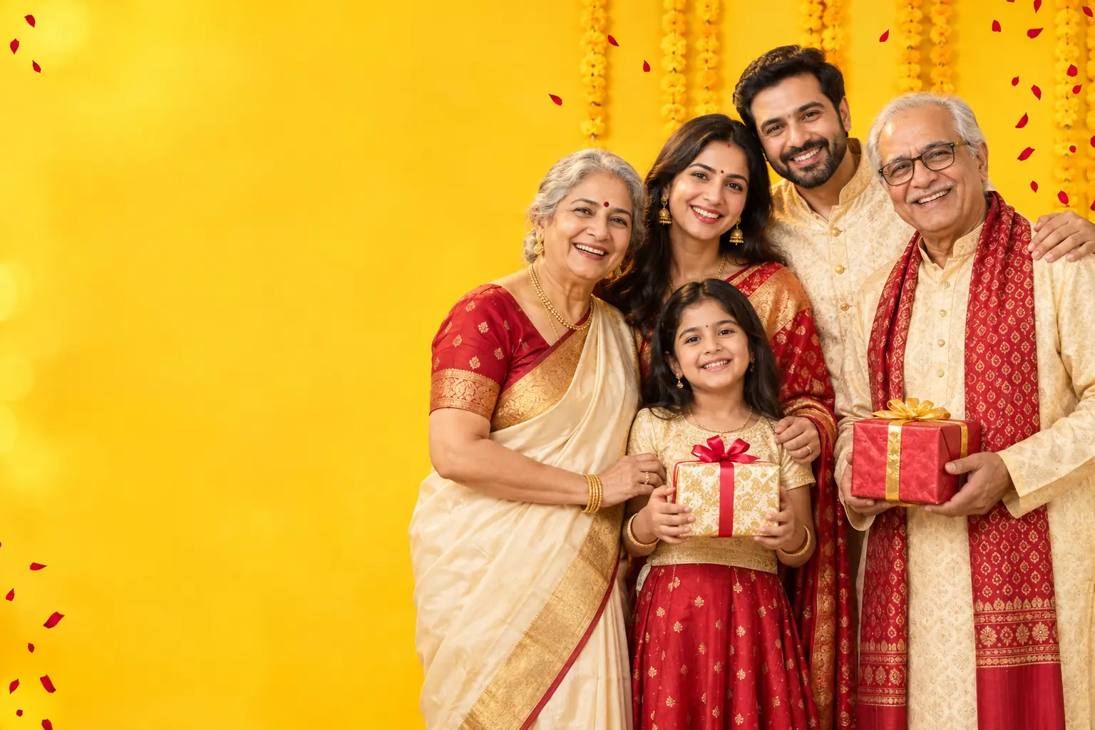 A smiling Indian family reuniting and celebrating together against a golden festive backdrop
