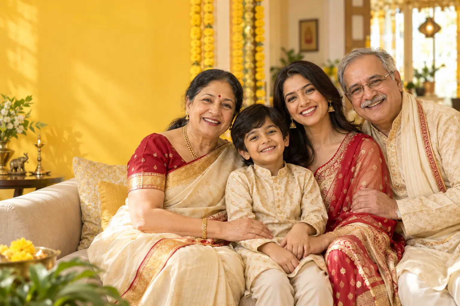 A joyful Indian family reunited at home during the September festive season